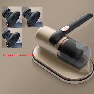 A handheld electric UV mite remover with a pink and gray color scheme being used on a fabric surface, showcasing its UV sterilization function.