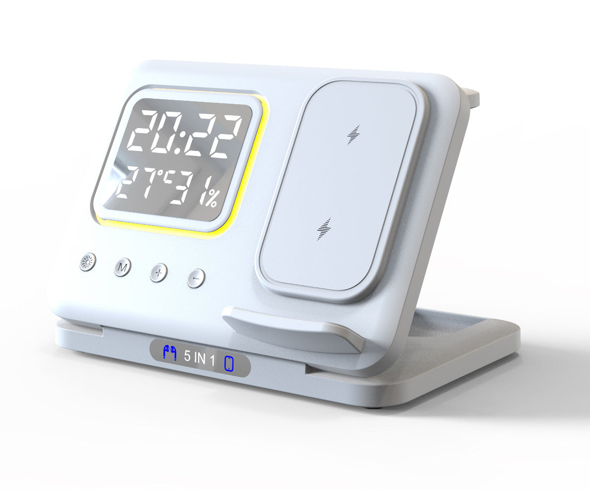 Digital thermometer with charging station on a white background