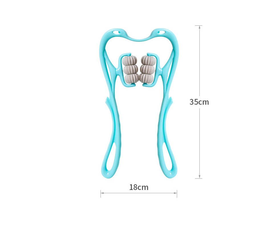 Teal dental massager with dimensions on a white background