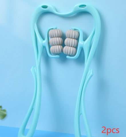 Turquoise facial roller with gray rollers on a light blue background