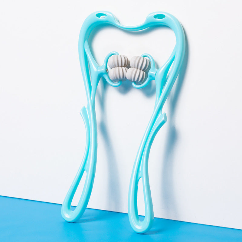 Light blue facial roller on a white and blue gradient background