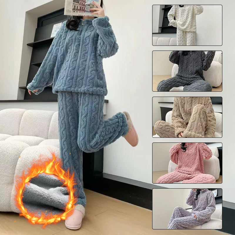 Person wearing a blue cable knit pajama set with inset images of other pajama sets in different colors.