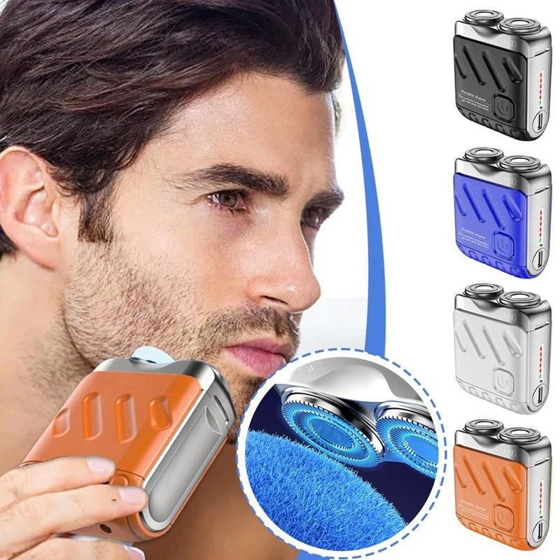 Man using an electric shaver with close-up details and additional shaver models displayed.