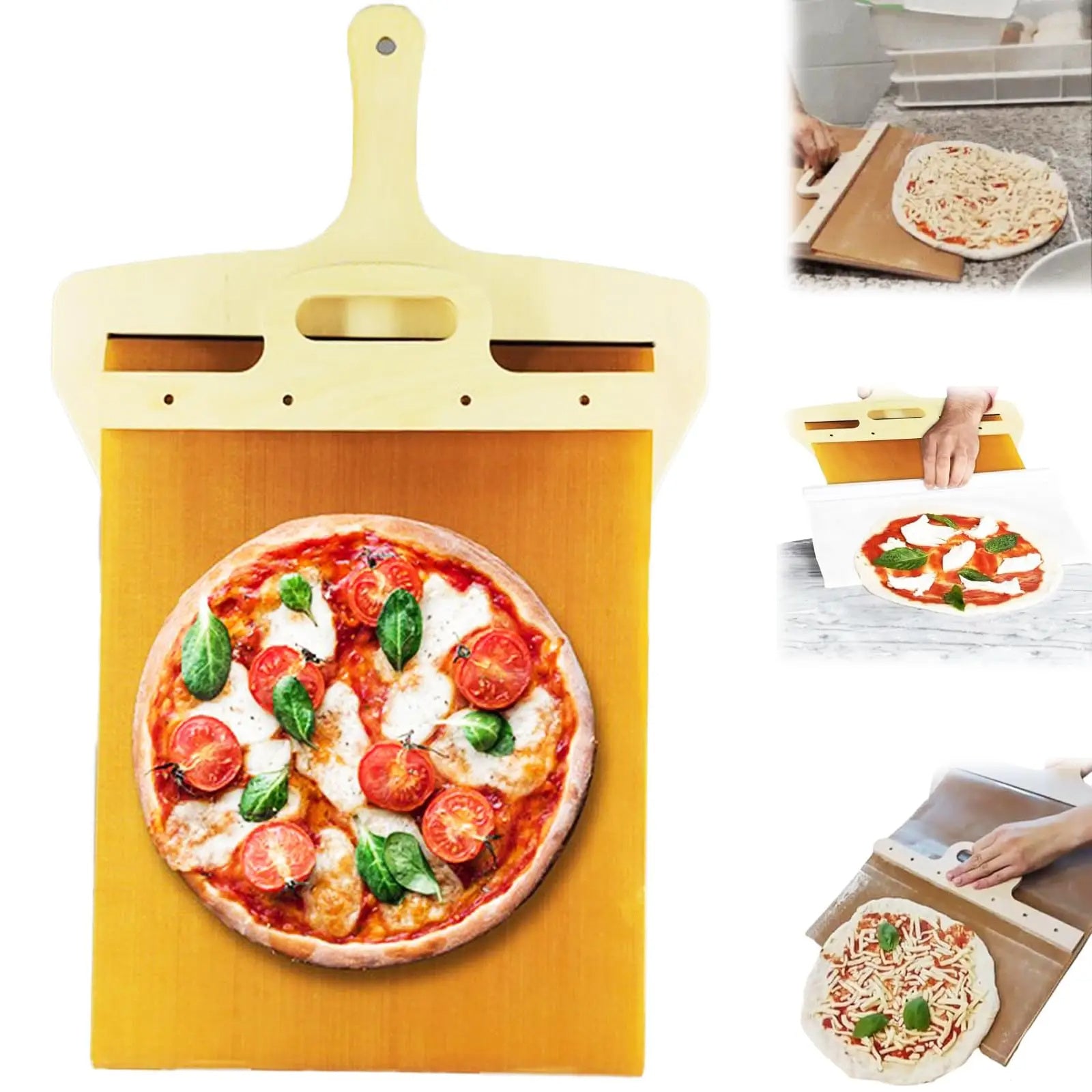 Wooden pizza peel with a pizza on top, used for cooking pizza.