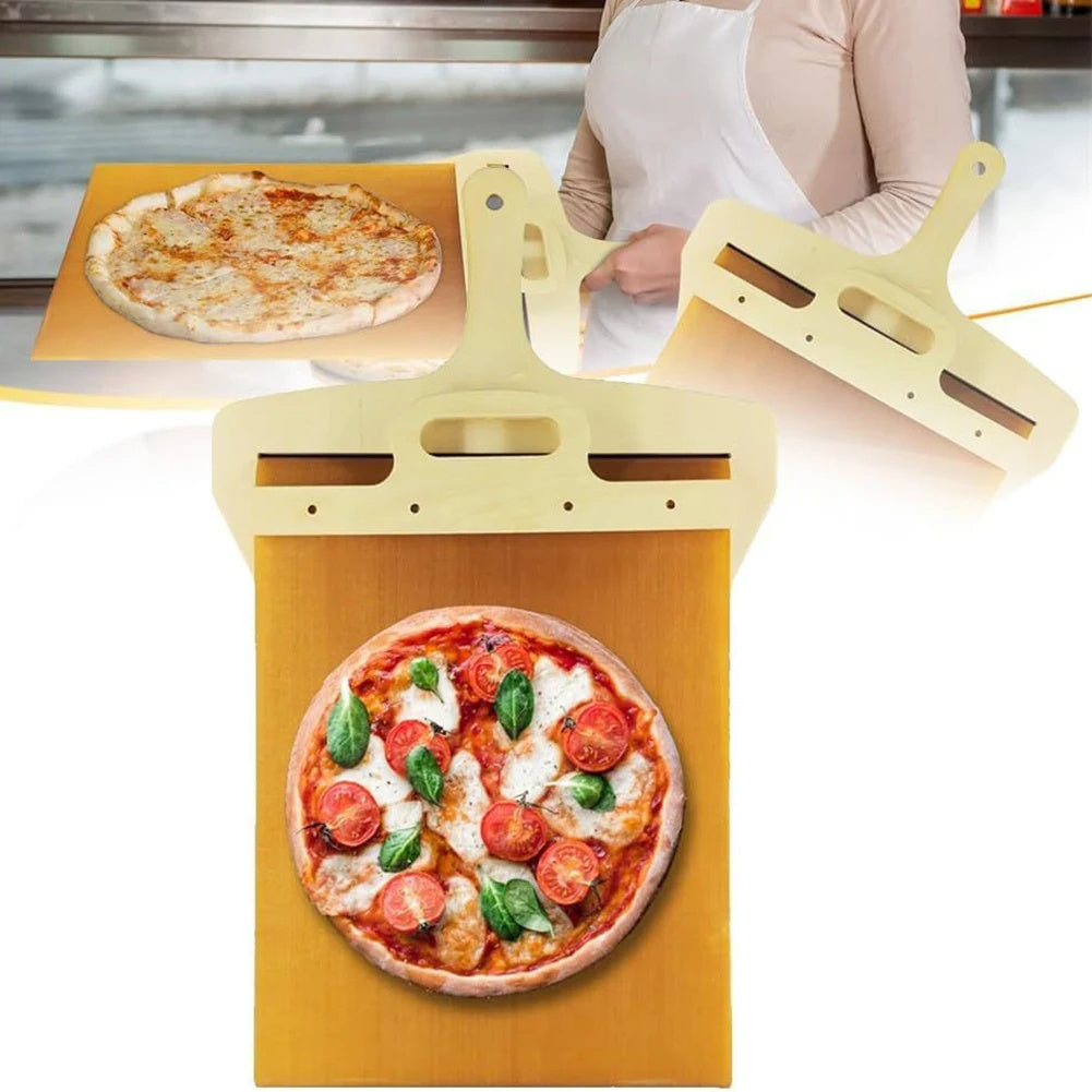 Pizza stone with a pizza on top, being used to cook pizzas.