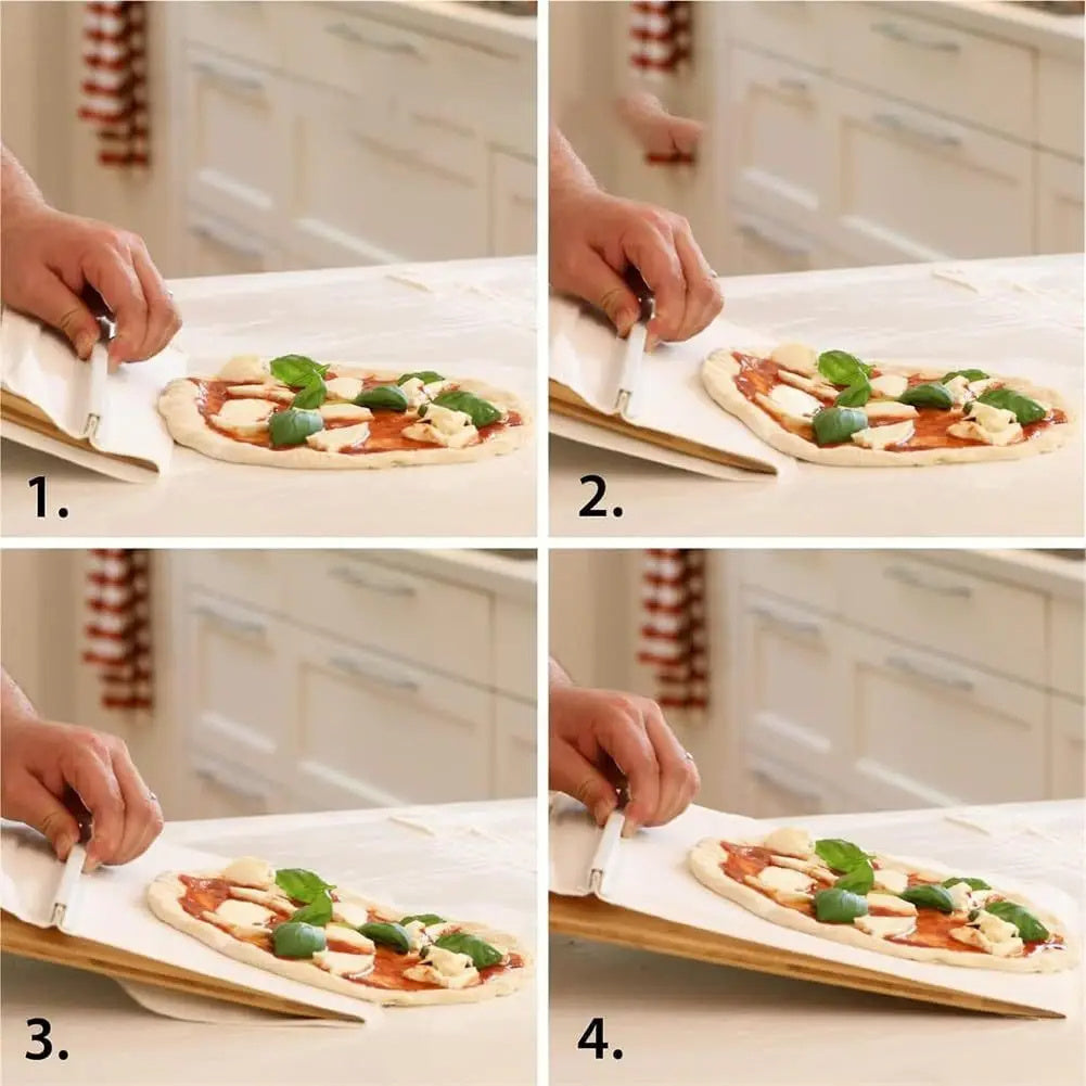 Step-by-step process of making a pizza with basil and mozzarella on a wooden board.