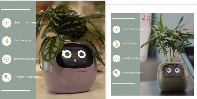 Smart plant pot with a face and app interface on a table