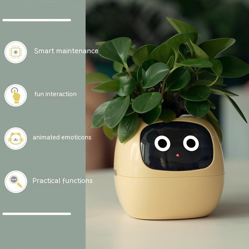 Smart plant pot with a face on a table, featuring text about its functions.