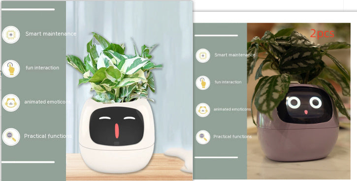 Smart plant pot with face design on a wooden surface, showing app interface on screen.