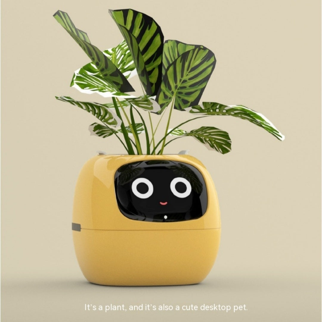 Yellow planter with a face and green plant on a beige background