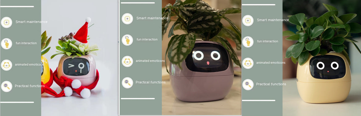 Collage of a robot-like plant pot with different facial expressions on a gray background.
