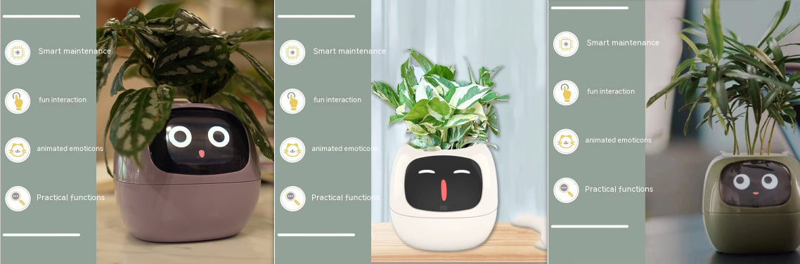 Smart plant pot with face design on a table
