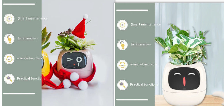 Decorative plant pot with a face and Santa hat, featuring smart maintenance functions.