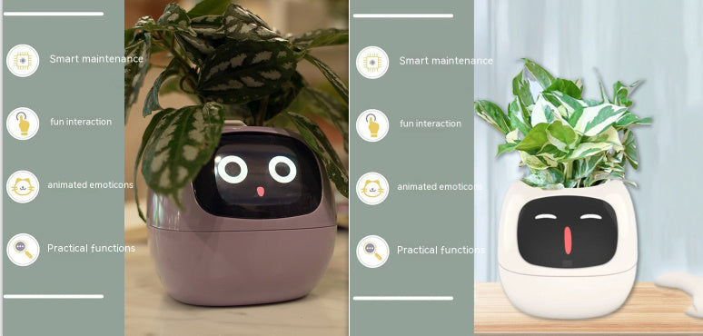 Two smart planters with animated faces on a wooden surface.