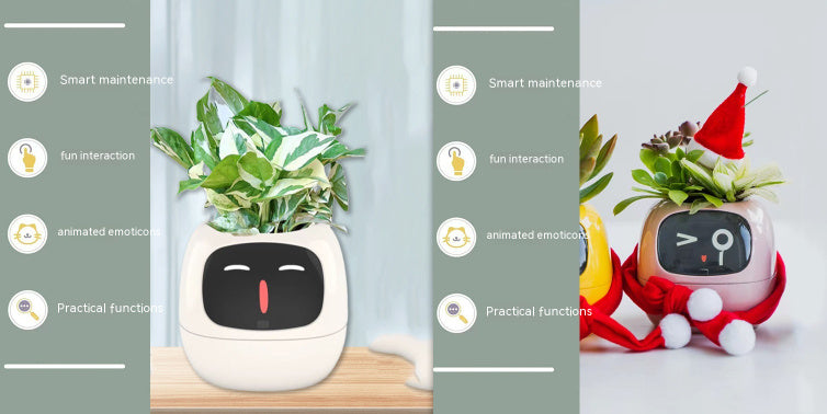 Decorative plant pot with a face and a small robot-like figure on a light background.
