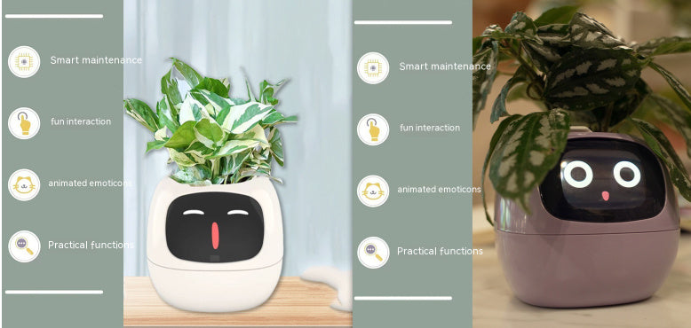 Two smart plant pots with face designs on a wooden surface.
