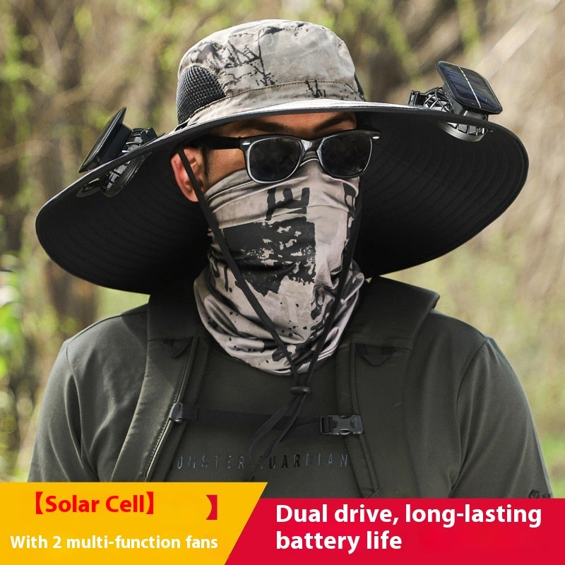 Person wearing a wide-brimmed hat with solar cell and fans, forest background