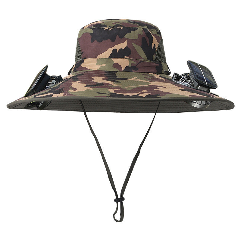 Camouflage bucket hat with chin strap on a white background
