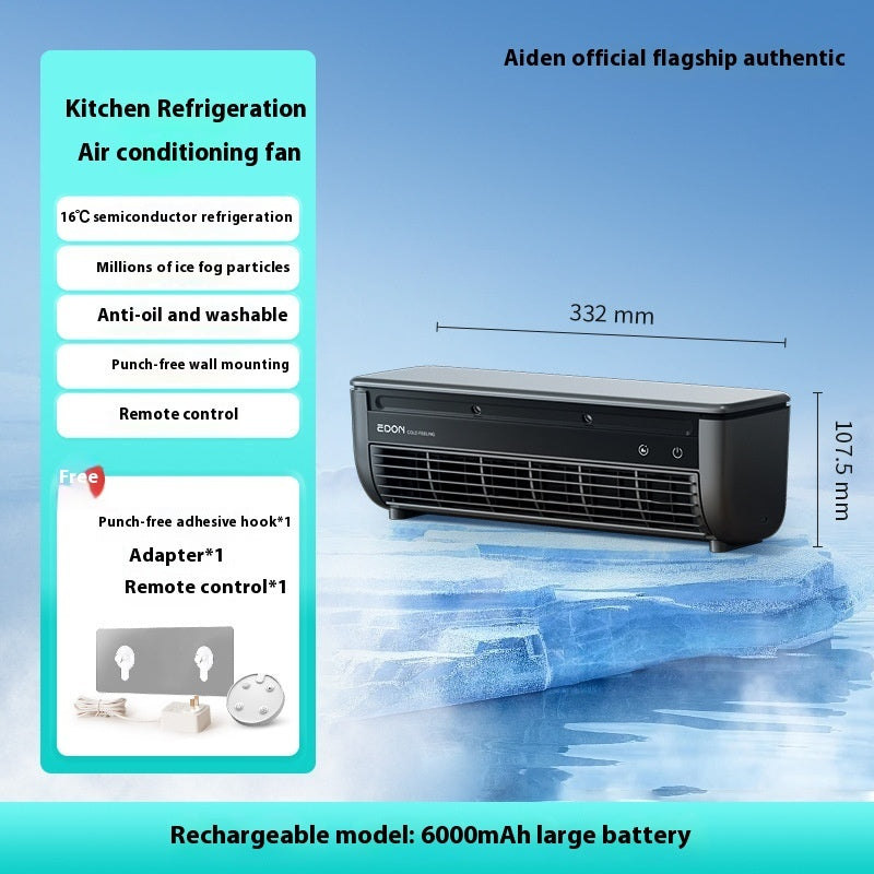 Kitchen refrigeration air conditioning fan with features listed on a blue background