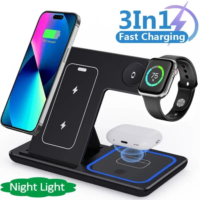 3-in-1 wireless charging stand with smartphone, smartwatch, and earbuds on a white background.