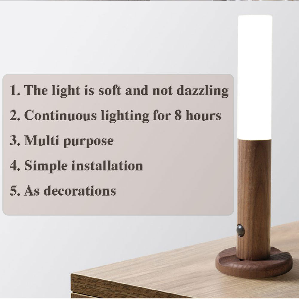 Wooden lamp with text describing its features on a light gray background