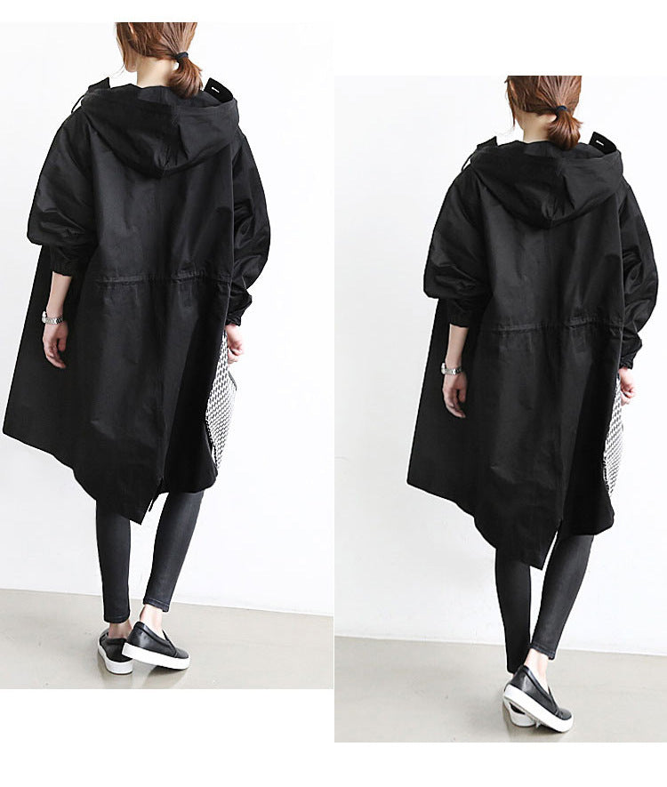 Person wearing a black hooded coat from different angles on a white background