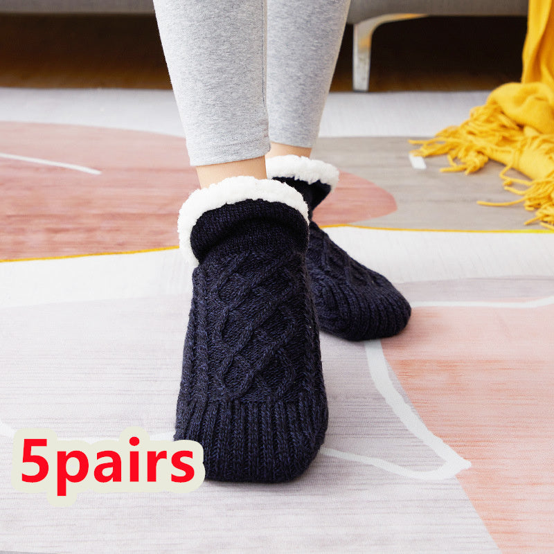 Winter Woolen Non-Slip Socks – Thick Warm Indoor Bedroom Slippers for Women & Men