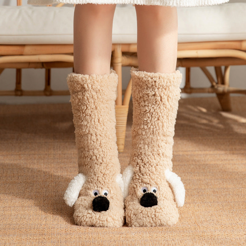 Cute Cartoon Dog Plush Floor Socks – Winter Warm, Non-Slip Cozy Socks for Women