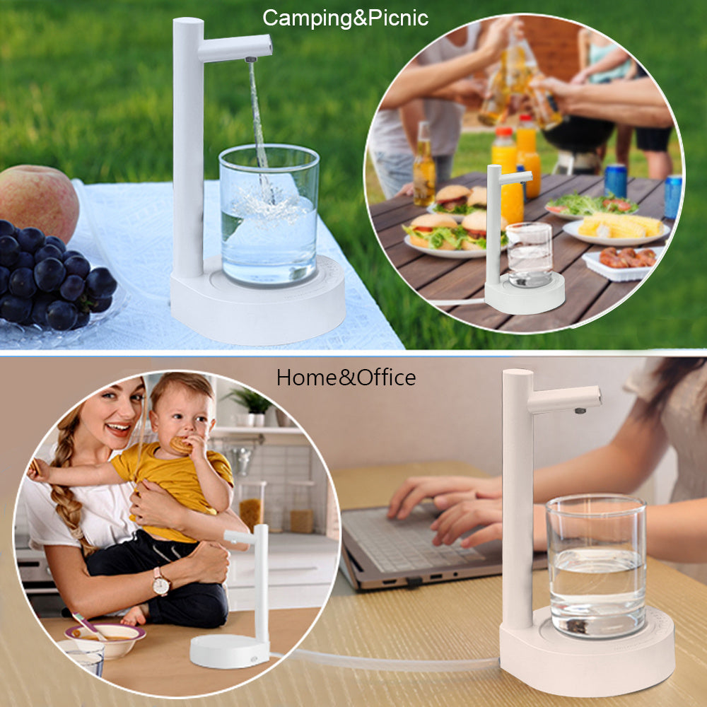 Portable water filter system with usage scenarios for camping, picnic, home, and office.