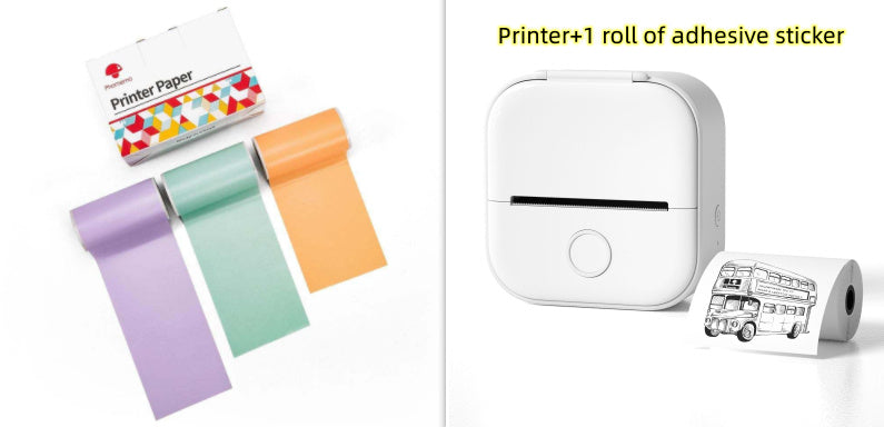 White printer with colorful rolls of paper and adhesive sticker on a white background