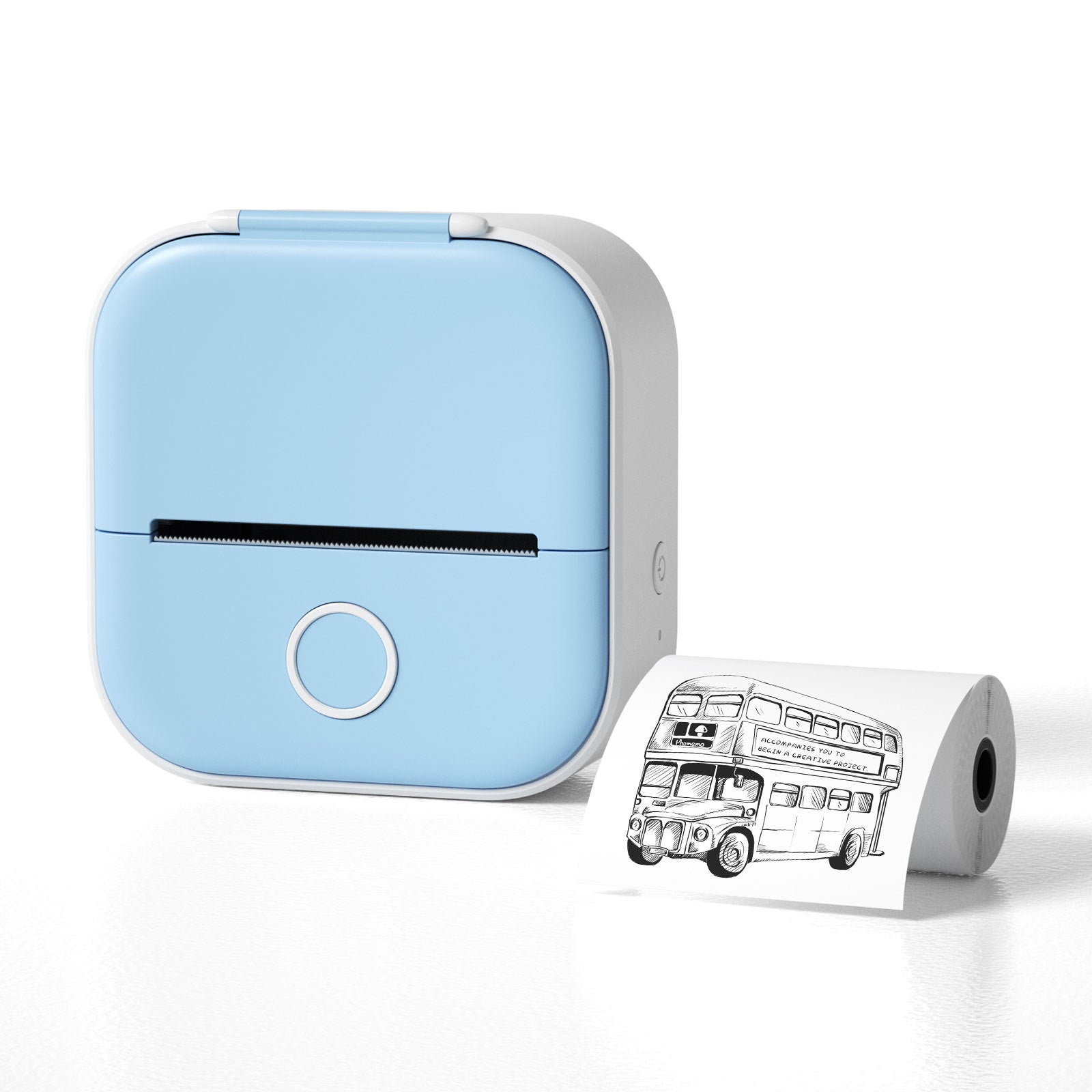 Small blue printer with a printed roll of paper featuring a bus design on a white background
