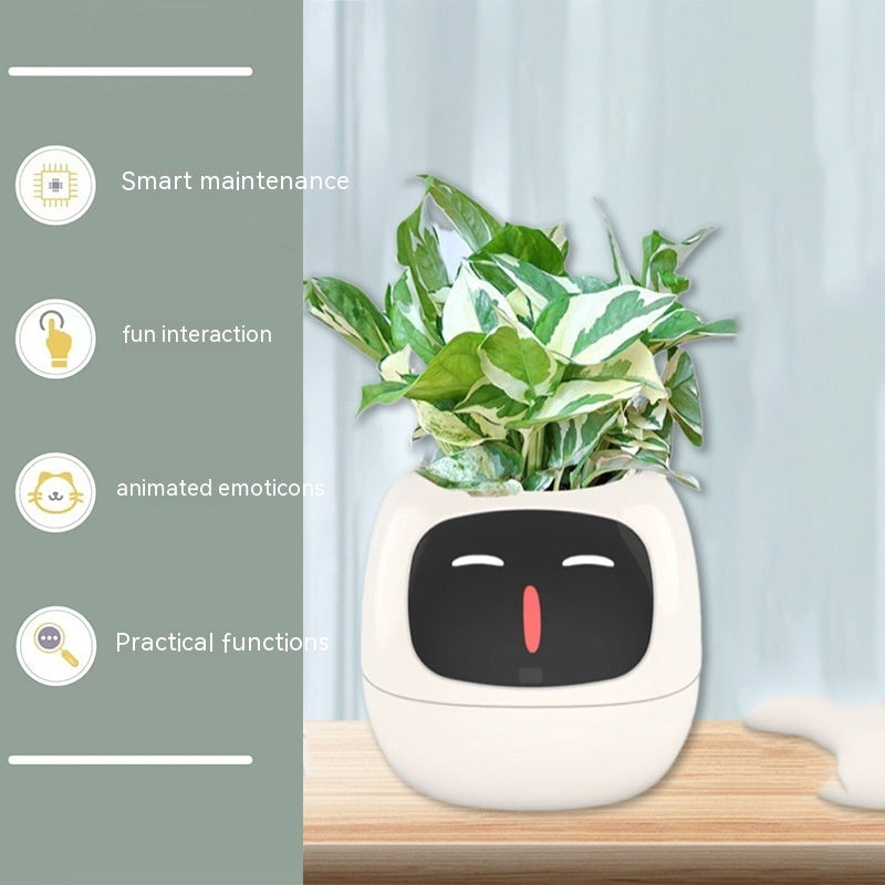 Smart plant pot with face design on a wooden surface