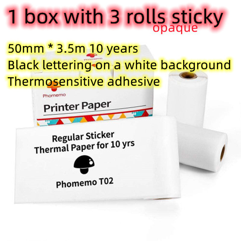 Phomemo printer paper with three rolls of sticky, opaque thermal paper on a white background.