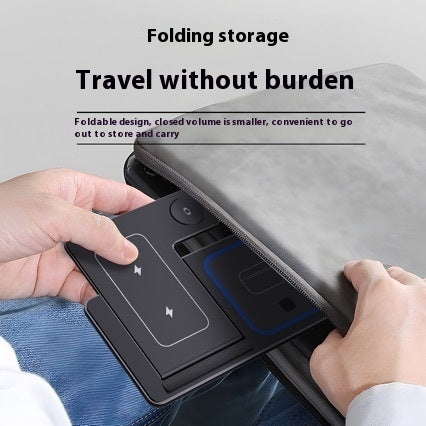 Foldable storage device being held by hands with promotional text on a gray background