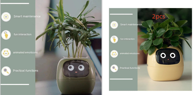 Smart plant pot with face design on a white background