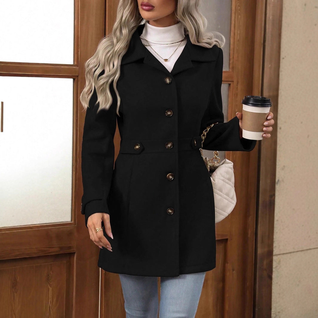 Women’s Elegant Single-Breasted Woolen Coat – Mid-Length Lapel Commuter Jacket