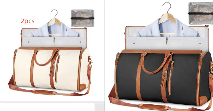 Two duffel bags with clothing and a small pouch on hangers.
