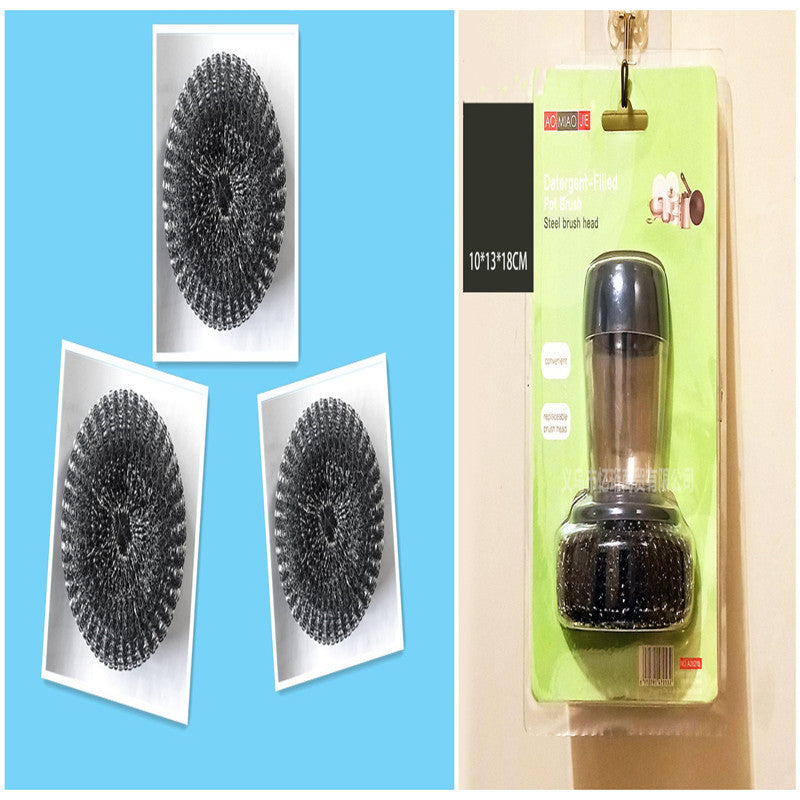 Set of steel wool pads and a packaging of a scrubber head on a blue and beige background.
