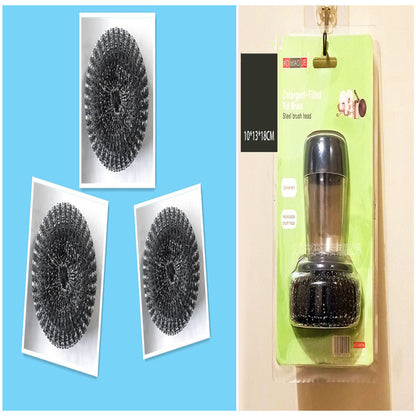 Set of steel wool pads and a packaging of a scrubber head on a blue and beige background.