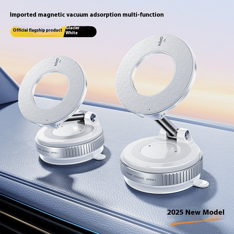 A promotional image showing a black universal magnetic bracket with vacuum adsorption and 360-degree rotation feature, displayed on a stand next to a smartphone.