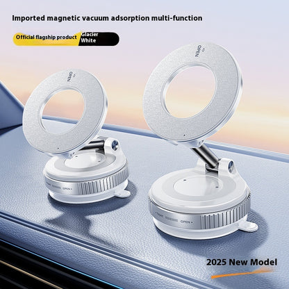 A promotional image showing a black universal magnetic bracket with vacuum adsorption and 360-degree rotation feature, displayed on a stand next to a smartphone.