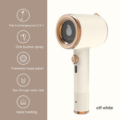 White and rose gold handheld device with features listed on a beige background