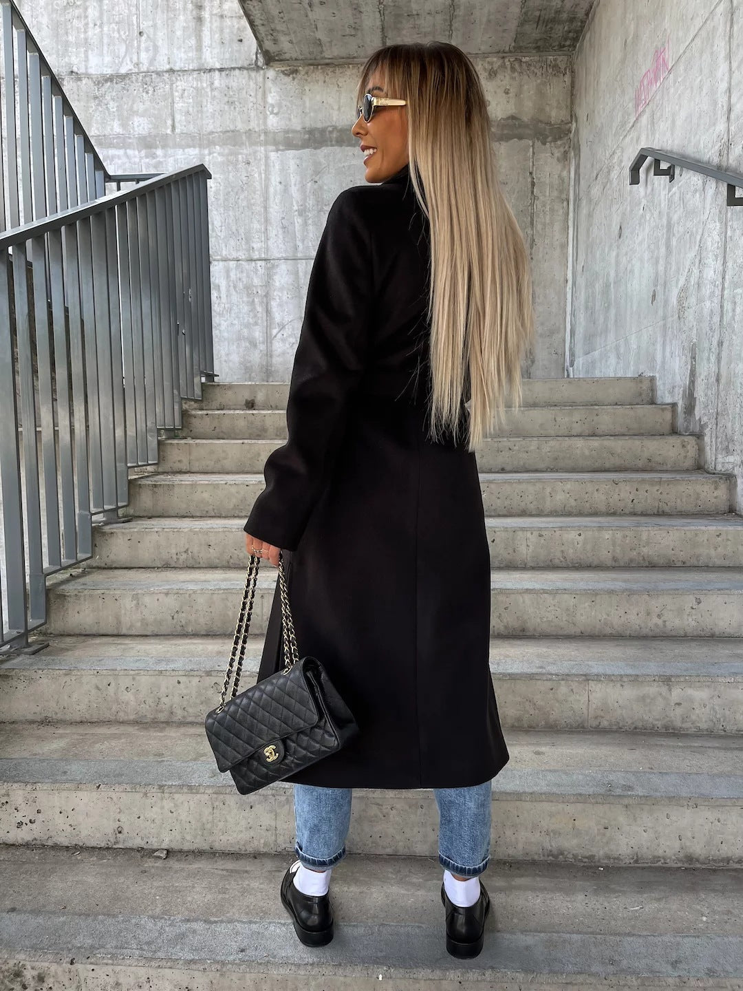 Women’s Double-Breasted Lapel Split Jacket with Belt – Winter Fashion Long Sleeve Casual Coat