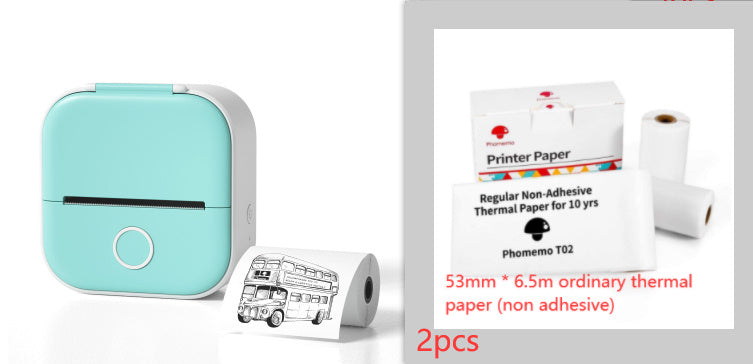 Turquoise printer with thermal paper rolls on a white background