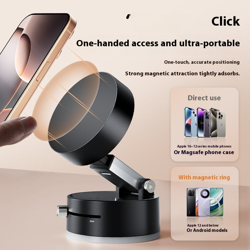 Black magnetic phone holder with smartphone attachment, featuring text on one-handed access and portability.