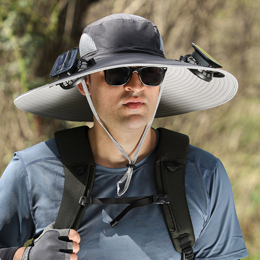 Person wearing a wide-brimmed hat with sunglasses and a backpack outdoors