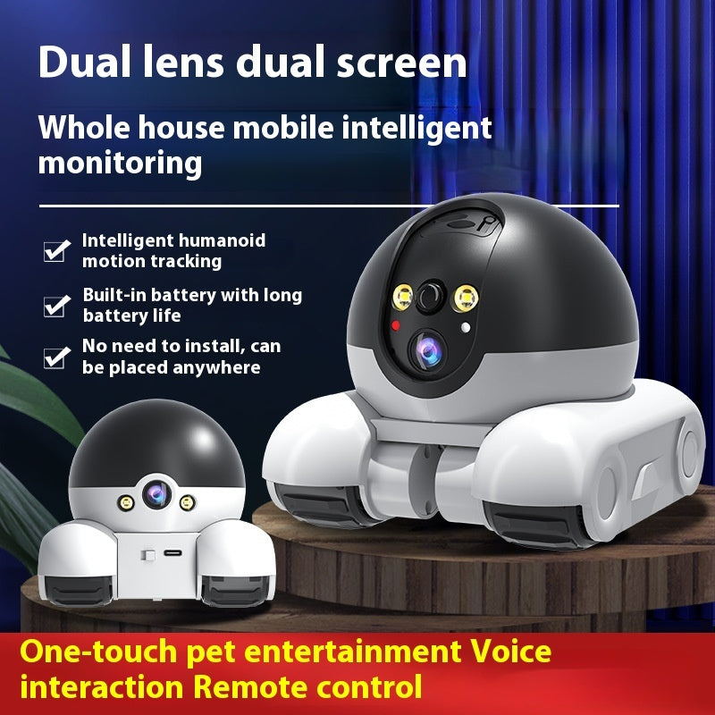 Intelligent monitoring robot with dual lenses and screens on a wooden stand.