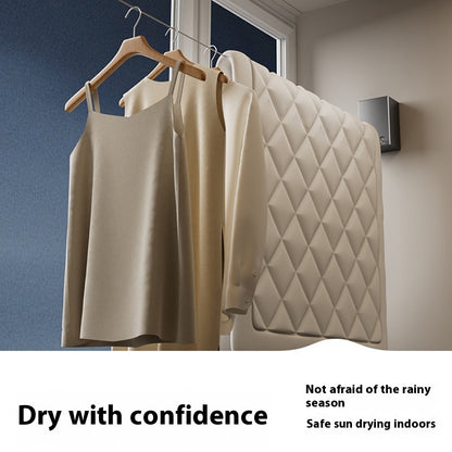 Clothing items hanging on a rack with a text overlay about safe sun drying indoors.