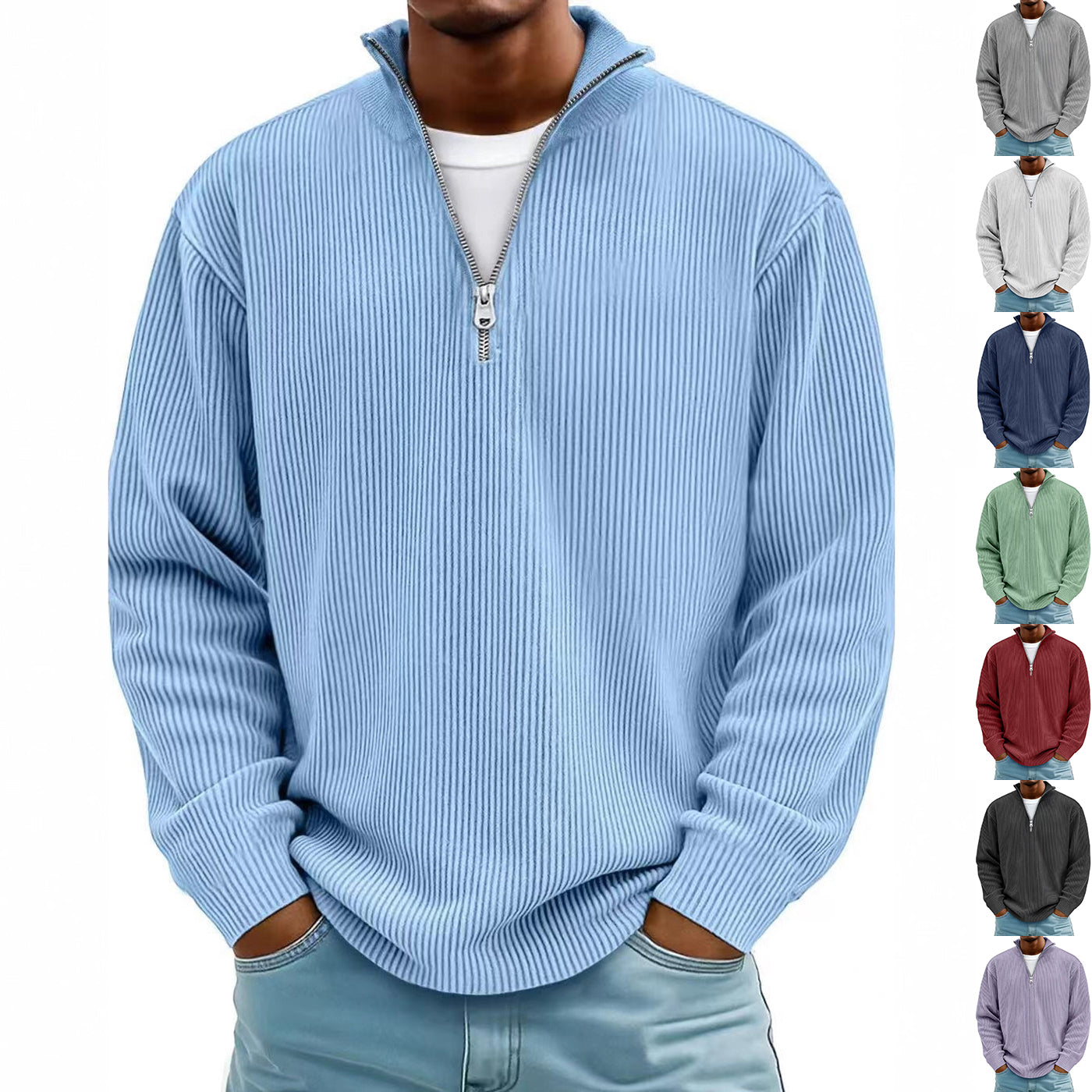 Men’s Corduroy Zipper Stand Collar Sweatshirt – Warm Solid Color Long Sleeve Pullover | Casual Fashion Polo Style Top