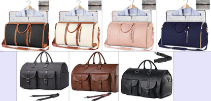Collage of various bags including duffels and travel bags in different colors on a wooden background.
